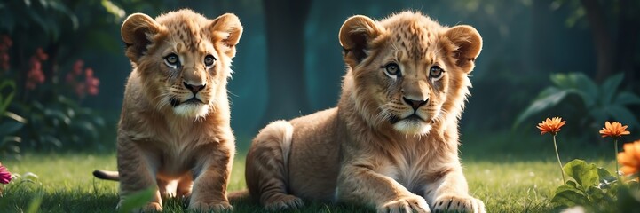 portrait of a lion puppy on garden yard background banner