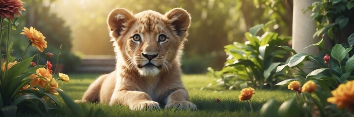 portrait of a lion puppy on garden yard background banner