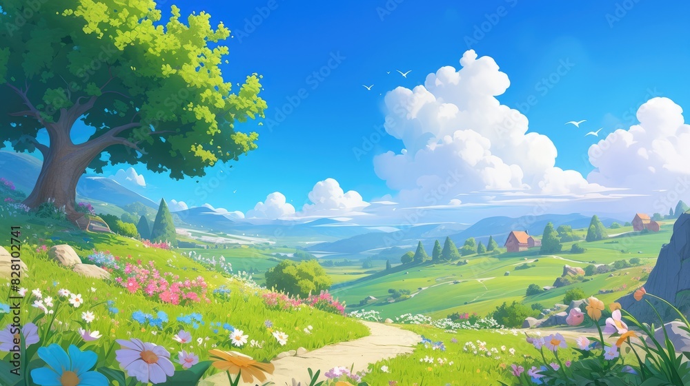 Wall mural 2d illustration depicting a charming spring landscape in a whimsical cartoon style featuring lush gr