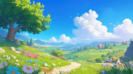 2d illustration depicting a charming spring landscape in a whimsical cartoon style featuring lush green grass vibrant flowers and a clear blue sky in a natural setting