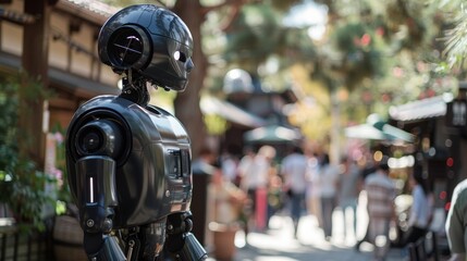 Fototapeta premium Humanoid robots act in films and interact with audiences in theme parks. 