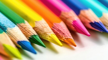 Close up image of colored pencils on a white background