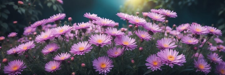 Obraz premium aster flowers on garden yard background banner