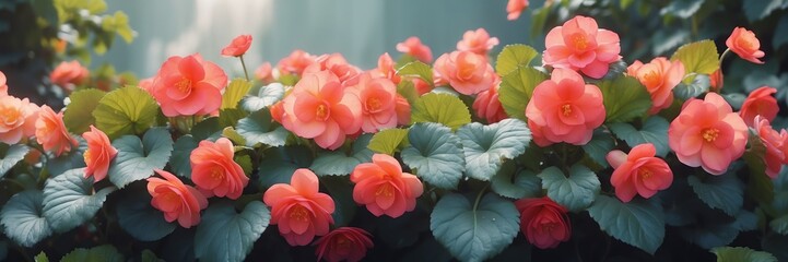 begonia flowers on garden yard background banner