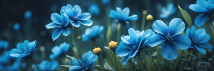 blue flowers on garden yard background banner
