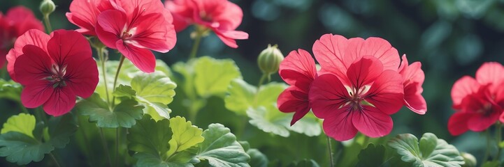 geranium flowers on garden yard background banner