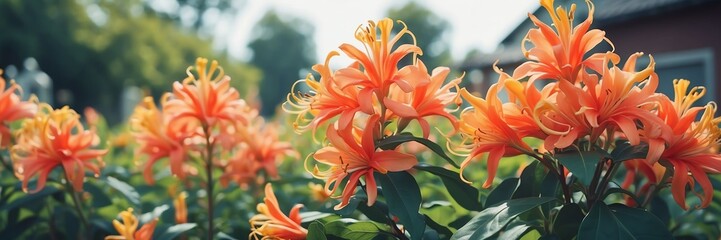 Fototapeta premium honeysuckle flowers on garden yard background banner