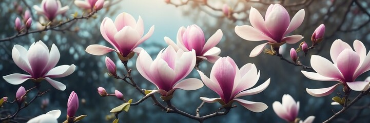 Fototapeta premium magnolia flowers on garden yard background banner