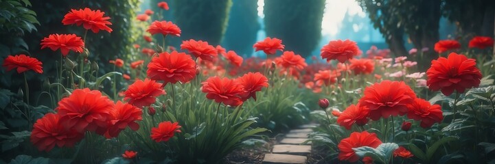 Obraz premium red flowers on garden yard background banner