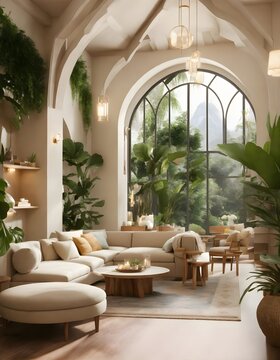 Extremely lifelike image of a modern take on a little apartment with circular arches, white cream stone, light wood interior, and tropical greenery, inspired by Rivendell and Lothlorien