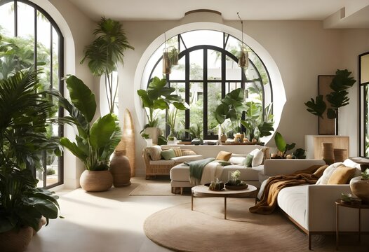 Extremely lifelike image of a modern take on a little apartment with circular arches, white cream stone, light wood interior, and tropical greenery, inspired by Rivendell and Lothlorien