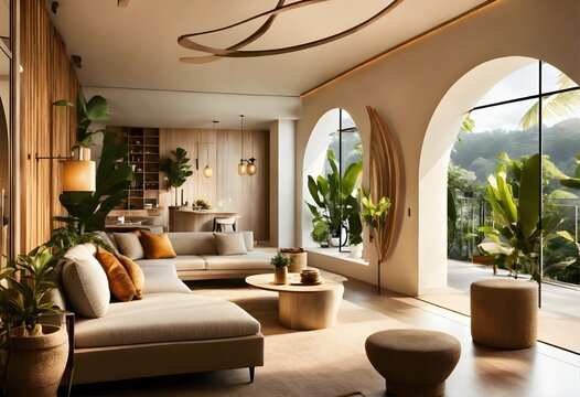 Extremely lifelike image of a modern take on a little apartment with circular arches, white cream stone, light wood interior, and tropical greenery, inspired by Rivendell and Lothlorien