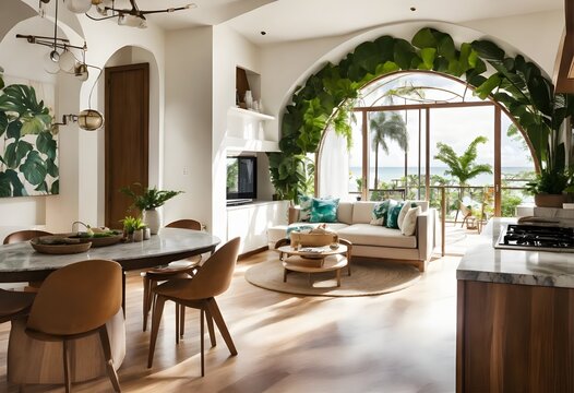 Extremely lifelike image of a modern take on a little apartment with circular arches, white cream stone, light wood interior, and tropical greenery, inspired by Rivendell and Lothlorien
