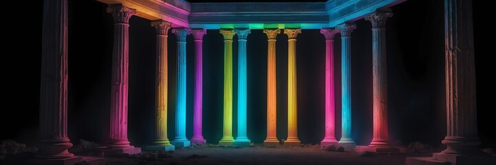 roman greek columns rainbow lighting on plain black background banner copyspace