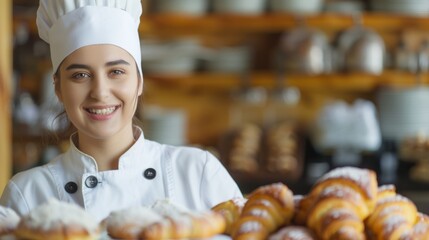 Portrait of baker, baker, bakery, food, bakery, bread, woman, shop, market, cooking, restaurant, meat, baker, kitchen, store, people, fresh, meal,  buffet, chef, street, retail, cook, business, eating