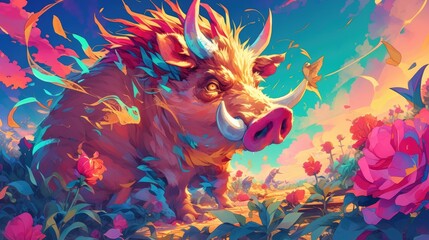 Illustration of an adorable boar or warthog character depicted in a vibrant cartoonish style representing a forest dwelling creature in the Chinese zodiac
