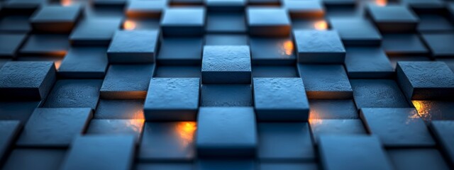 Obraz premium Blue abstract, wallpaper, monochrome design, neat symmetrical pattern, parallelogram tiles, right lower third lighting.