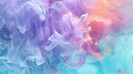 Vivid smoky abstract background showcasing a fusion of pastel purple, aqua blue, and coral pink, creating a serene and ethereal appearance.