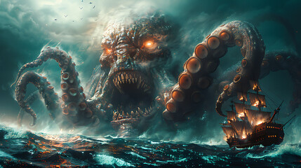 illustration of mythical creature known kraken tentacles of immense size razorsharp teeth power drag ships sailors watery grave depths of the ocean where ancient secrets lie buried beneath the waves