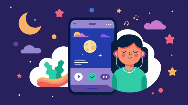A sleep aid app that offers guided relaxation techniques calming music and bedtime stories to help users fall asleep and improve sleep quality.. Vector illustration