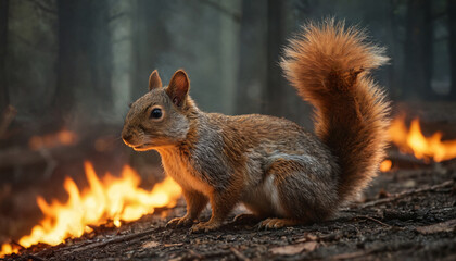 Obraz premium A poor little squirrel is trying to find a way out of the burning forest.