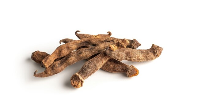 Tamarind fruit dried and set against a white backdrop