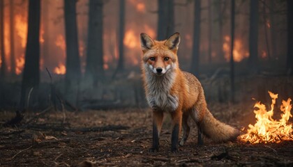 A red fox is trapped in a fire of a burning forest. The red fox is looking for a way out.