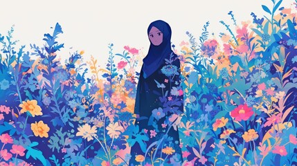 Obraz premium In a captivating 2d illustration a Muslim woman stands gracefully amidst a beautiful flower garden set against a pristine white background