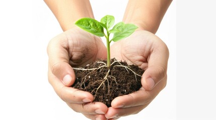 A close-up of a young seedling sprouting from rich, dark soil, with dewdrops glistening on its leaves against a clear white background