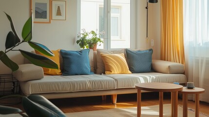 An open living room with yellow and blue pillows on the sofa, yellow curtains by the window, and a potted plant inside. The dining table is made of wood similar to Muji st