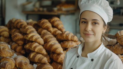 Portraits of young female bakers, white headscarves and aprons holding sweet bread fresh from the oven at a bakery,