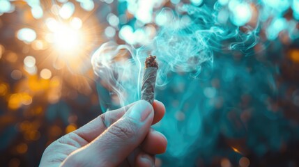 Holding a cannabis joint with smoke in the background