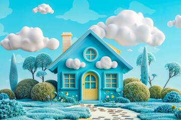 3D Surreal Blue Cottage with Yellow Door in a Pastel Fantasy Landscape