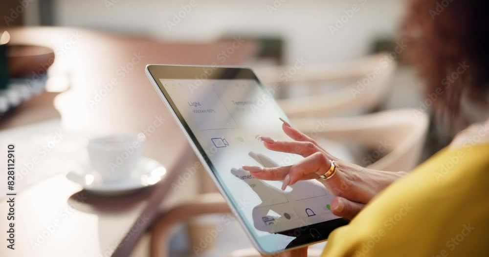 Poster Tablet, scroll and woman with hand on screen for user experience, digital application and search. Home, person and settings with menu on tech for software option, multimedia and internet connection