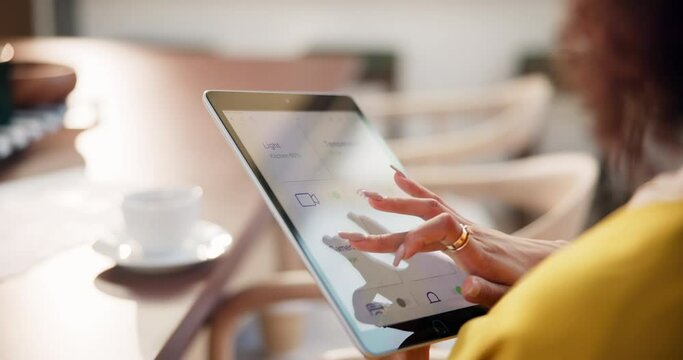 Tablet, scroll and woman with hand on screen for user experience, digital application and search. Home, person and settings with menu on tech for software option, multimedia and internet connection