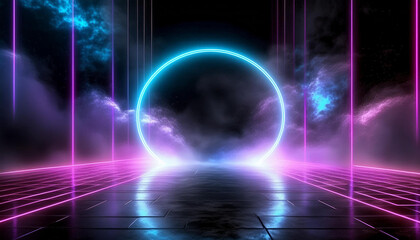 purple and blue neon with cyber floor and black background, fog effect and abstract shapes