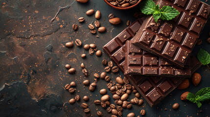 On a dark table lies a broken bar of dark chocolate, nuts and coffee beans.