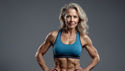 Fototapeta premium mature attractive caucasian woman fitness trained lifestyle portrait on plain studio background