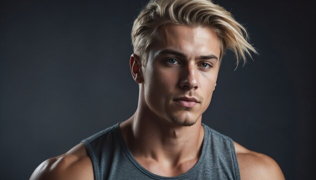 young attractive blonde guy fitness trained lifestyle portrait on plain studio background