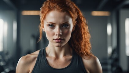 young attractive redhead woman fitness trained lifestyle portrait on plain studio background