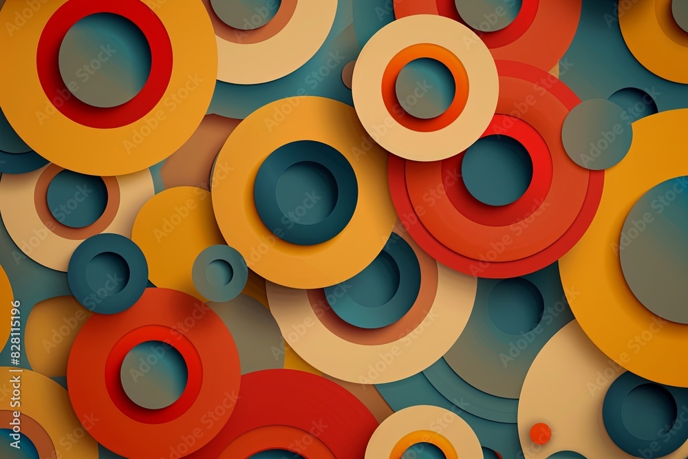 Poster a vibrant wall adorned with circles and colorful patterns, creating a lively and dynamic visual disp