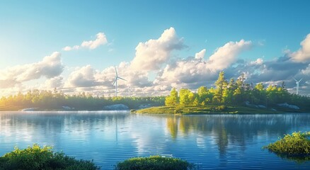 Fototapeta premium https://s.mj.run/tK3pWxdvxn0 Environmental Theme Illustration, Technology, Earth, Nature, Wind Power,Clean sky with few clouds in the background,Light Blue Background,16k,best quality,super details,hi