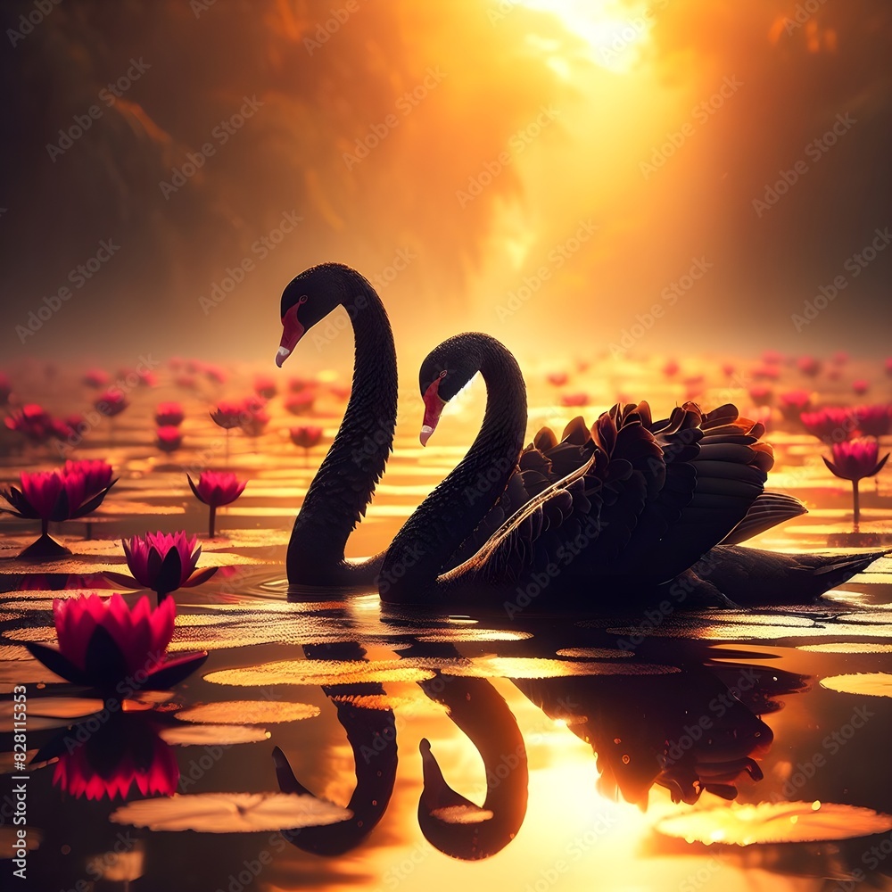 Wall mural Swan in lake with flower - Wall murals
