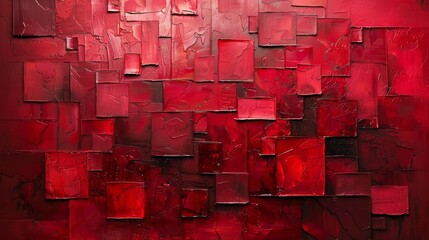 Abstract painting using blocks of red color to create depth and movement.