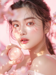 a young, beautiful girl of Korean origin. the girl has a model appearance. The girl’s skin shines, her facial skin is moisturized and soft. Her flawless facial skin is like a rose petal, soft