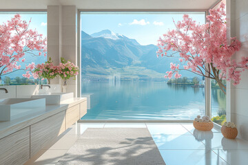 Fototapeta premium Minimalist contemporary bathroom of a hotel by lake with cherry blossoms