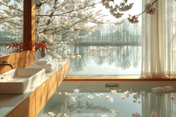 Minimalist contemporary bathroom of a hotel by lake with cherry blossoms