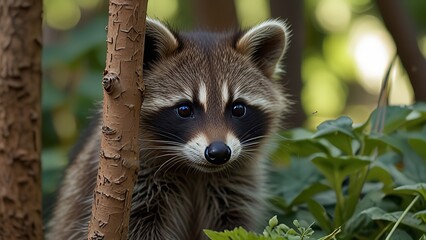 Fototapeta premium Baby raccoon hiding in the garden - Generative AI