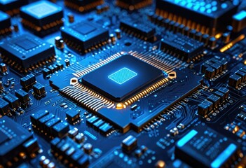 futuristic computer chip set against a backdrop of dark circuit boards with electric blue energy pulses.