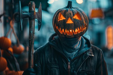A person wearing a pumpkin mask holding a hammer